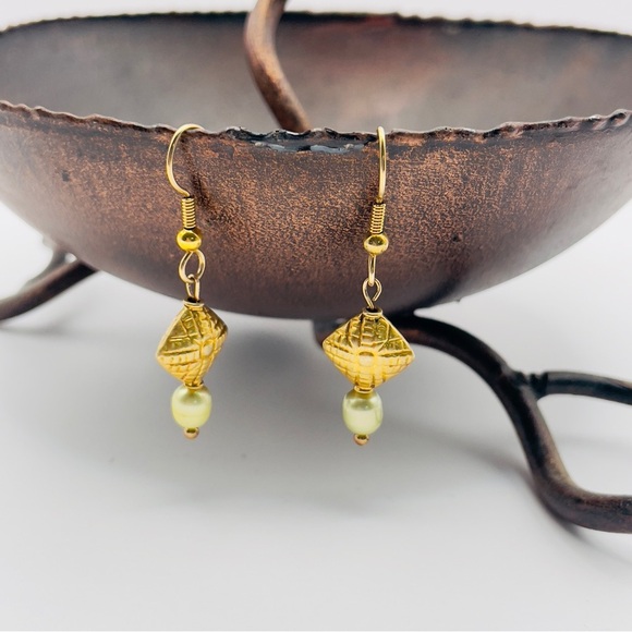 Handmade Gold Tone Geometric Bead & Freshwater Light Green Pearl Drop Earrings - Picture 3 of 6